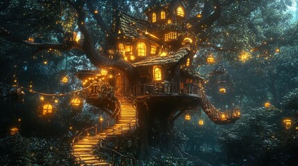 Wall Mural - A whimsical treehouse nestled in a lush forest, illuminated by soft, golden lights that glimmer from various windows and hanging lanterns. The structure features a charming design with multiple levels