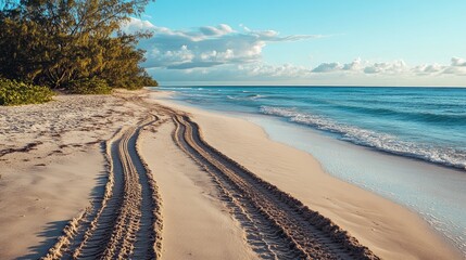 Car tire tracks leading through sandy beach with gentle ocean waves, clear blue water, and lush trees along the shoreline in bright sunlight