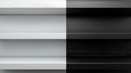 Poster - Modern black and white wooden shelves showcasing empty space for product placement and decorative display in interior design concept.