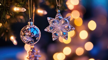 Poster - Elegant bokeh lights with holiday ornaments creating a festive and joyful background for celebrations and winter decorations