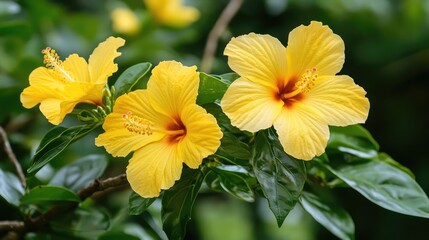 Poster - Vibrant yellow hibiscus flowers blooming amid lush green foliage in a natural garden setting