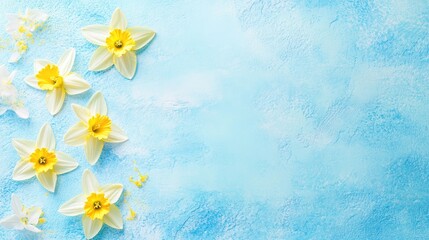 Poster - Daffodils on light blue background stylish flat lay with space for text spring floral design elements in soft colors