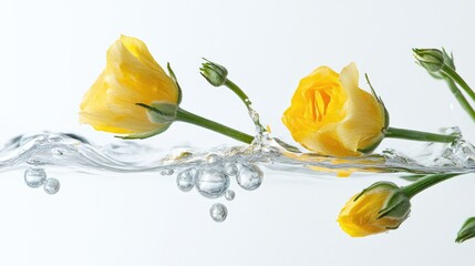 Poster - yellow eustoma flower buds emerging from water with bubbles on a light background creating a serene 