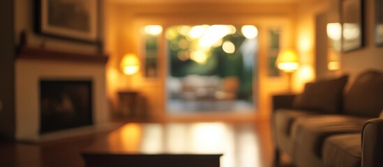 Poster - Cozy blurred living room interior design image perfect for creating warm and inviting backgrounds in home decor projects