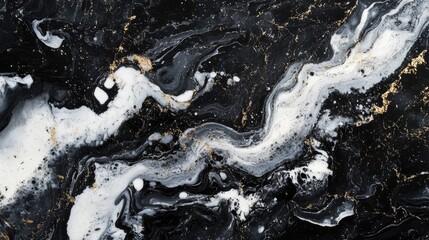 Poster - Black anthracite marble surface with white and gold swirls creating a unique abstract texture for elegant backgrounds and design projects