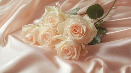 Poster - bouquet of delicate pink roses with water droplets on soft satin surface evoking a serene and romant