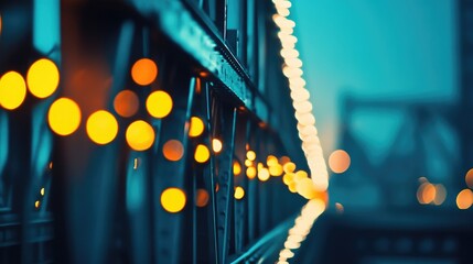 Poster - Bokeh light effect on bridge railings creating a dreamy atmospheric background for urban settings
