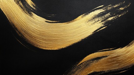 Poster - Elegant abstract gold brush strokes on a black canvas background for luxury branding and artistic design purposes