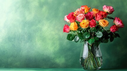 Poster - vibrant roses bouquet in clear glass vase against a green textured background showcasing colorful fl