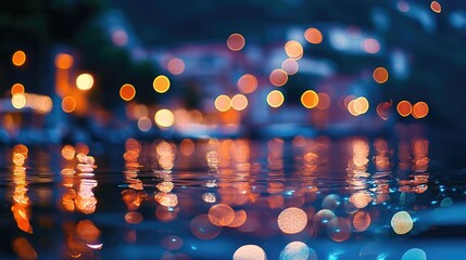 Aufkleber - Bokeh Effect of Colorful Reflections on Water Surface at Night with Dazzling Lights and Soft Focus Background