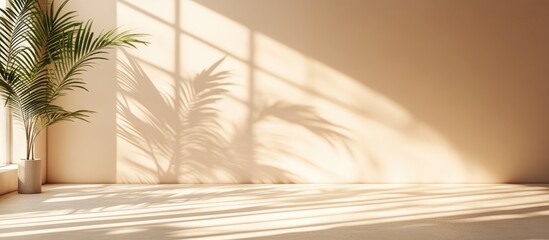 Poster - Beige minimalist room with natural palm leaf shadows under sunlight perfect for luxury product photography and design backdrop