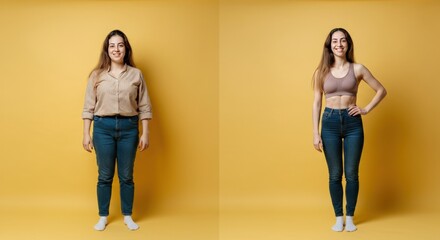 Wall Mural - Transformation journey of a young caucasian female against a yellow background for fitness motivation and well-being