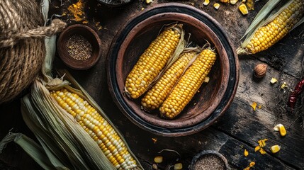 Poster - Vibrant Display of Boiled Sweetcorn Surrounded by Rustic Elements on Wooden Table