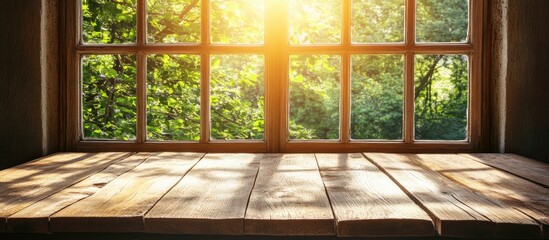 Poster - Sunlit wooden table with a window backdrop perfect for product displays and creative presentations in a bright outdoor setting