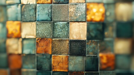 Poster - Abstract bokeh background featuring a glittering mosaic of textured tiles in warm tones and soft blurred details for creative design use