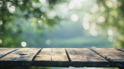 Aufkleber - rustic empty wooden table with soft bokeh background creating a serene and inviting atmosphere suita