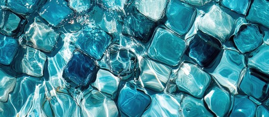 Poster - Vibrant blue glass tiles in one inch squares submerged in clear water highlighting textures and reflections of aquatic hues