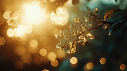 Poster - Golden bokeh lights through foliage creating a dreamy nature background with delicate flowers and soft sunlight ambiance