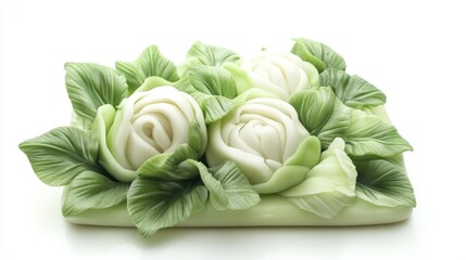 Poster - Elegant porcelain sculpture of white roses with green leaves displayed on a smooth surface against a clean white background