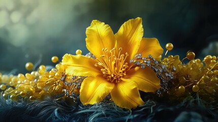 Poster - Vibrant yellow flower with delicate petals and intricate details surrounded by ornamental golden accents in a serene background.