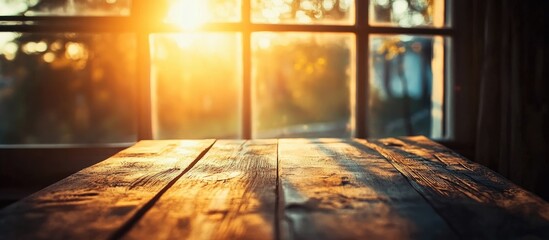 Aufkleber - cozy sunlit interior with rustic wooden table and blurred window background enhancing warm atmospher