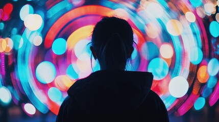 Poster - Colorful bokeh effect at night with circular patterns and silhouette of a person creating a captivating visual atmosphere