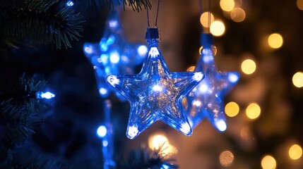 Poster - Bokeh lights with blue star ornaments creating a festive background for celebrations and holiday decorations