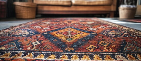 Poster - Intricately designed antique carpet with vibrant colors and patterns ideal for enhancing home interior aesthetics and decor charm