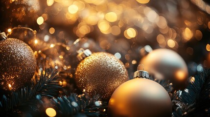 Canvas Print - Elegant close-up of shimmering silver and golden bokeh with festive ornaments creating a magical holiday atmosphere