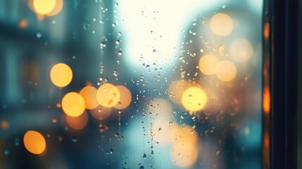 Poster - Rainy Window with Bokeh Lights Reflecting a Soft Urban Atmosphere