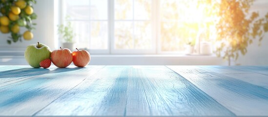 Poster - Bright airy kitchen with a blue wooden table displaying fresh fruits illuminated by golden bokeh sunlight creating a warm inviting atmosphere.