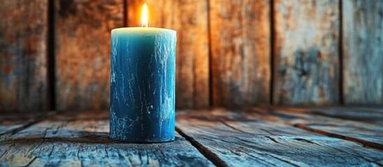 Poster - Blue beeswax candle illuminating a rustic wooden setting ideal for creating a warm and inviting ambiance