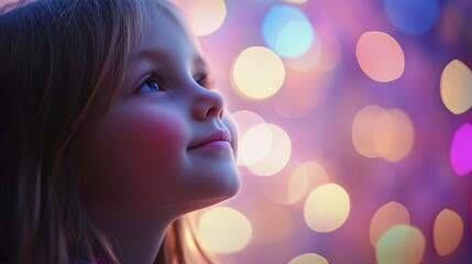 Aufkleber - Dreamy Bokeh Background with a Child's Profile Enhanced by Colorful Blurred Lights