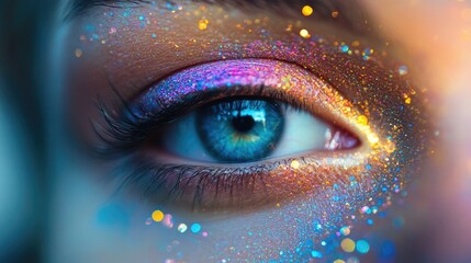 Poster - Colorful bokeh background with sparkling glitter on a close-up eye showcasing vibrant hues and artistic beauty elements