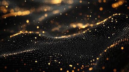 Poster - Shimmering golden particles on black background with bokeh effects creating an elegant and luxurious visual atmosphere