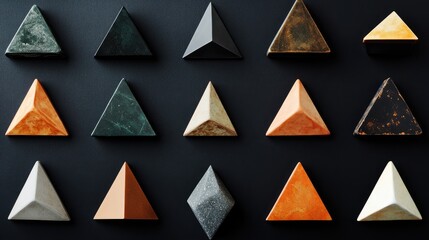 Poster - Triangular geometric shapes in various materials and colors arranged on a black background for modern design concepts.
