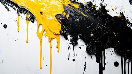 Poster - Vibrant black and yellow paint splashes creating an abstract art effect on a textured white wall background