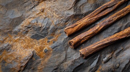 Wall Mural - Cinnamon sticks arranged on textured stone background showcasing natural earthy colors and rustic aesthetics for culinary or health concepts