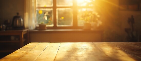 Aufkleber - sunlit window with a rustic wooden table creating a warm and cozy interior atmosphere for home decor