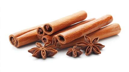 Wall Mural - Cinnamon sticks and star anise placed together on a clean white background showcasing their textures and colors for culinary use.