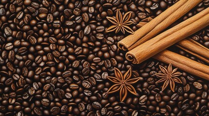 Wall Mural - Cinnamon sticks and star anise arranged on a textured background of rich dark coffee beans showcasing spices and aromatic flavors