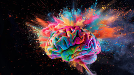 Poster - A colorful brain is exploding in a colorful explosion of paint