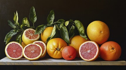 Wall Mural - Citrus maxima collection with vibrant fruit variety showcasing colors and textures on a marble surface against a dark background