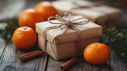 Wall Mural - Cinnamon sticks tangerines and wrapped gifts on rustic wooden background for festive holiday decoration and gift giving concept.