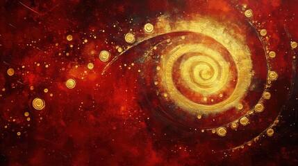 Wall Mural - Golden spiral patterns radiating on a textured red background with glowing details.