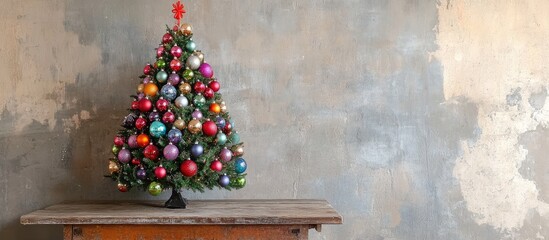 Wall Mural - Festively decorated Christmas tree with vibrant ornaments displayed on a rustic wooden table against a textured wall background.