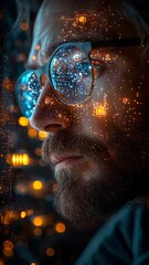 Poster - Programmer Studying Quantum Internet Model on Transparent Display with Twinkling City Lights in Background