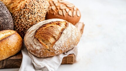 Wall Mural - Assorted artisanal breads displayed on a wooden board with a neutral background highlighting their textures and crusts.