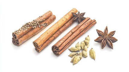 Wall Mural - Cinnamon sticks cardamom pods and anise star arranged on a white background for culinary and aromatic purposes