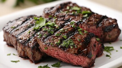 Wall Mural - Grilled Steak with Caramelized Crust and Fresh Herb Garnish Deliciously Flavored Meat Dish on White Plate